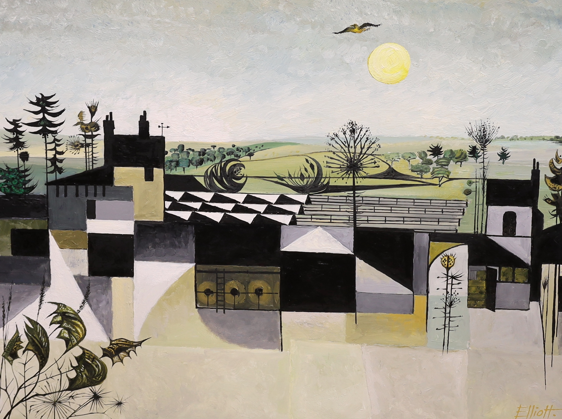 Robin Alexander Elliott (b.1936) oil on board, 'The Golden Eagle Plays the Waiting Game', signed, inscribed verso, 74 x 99cm